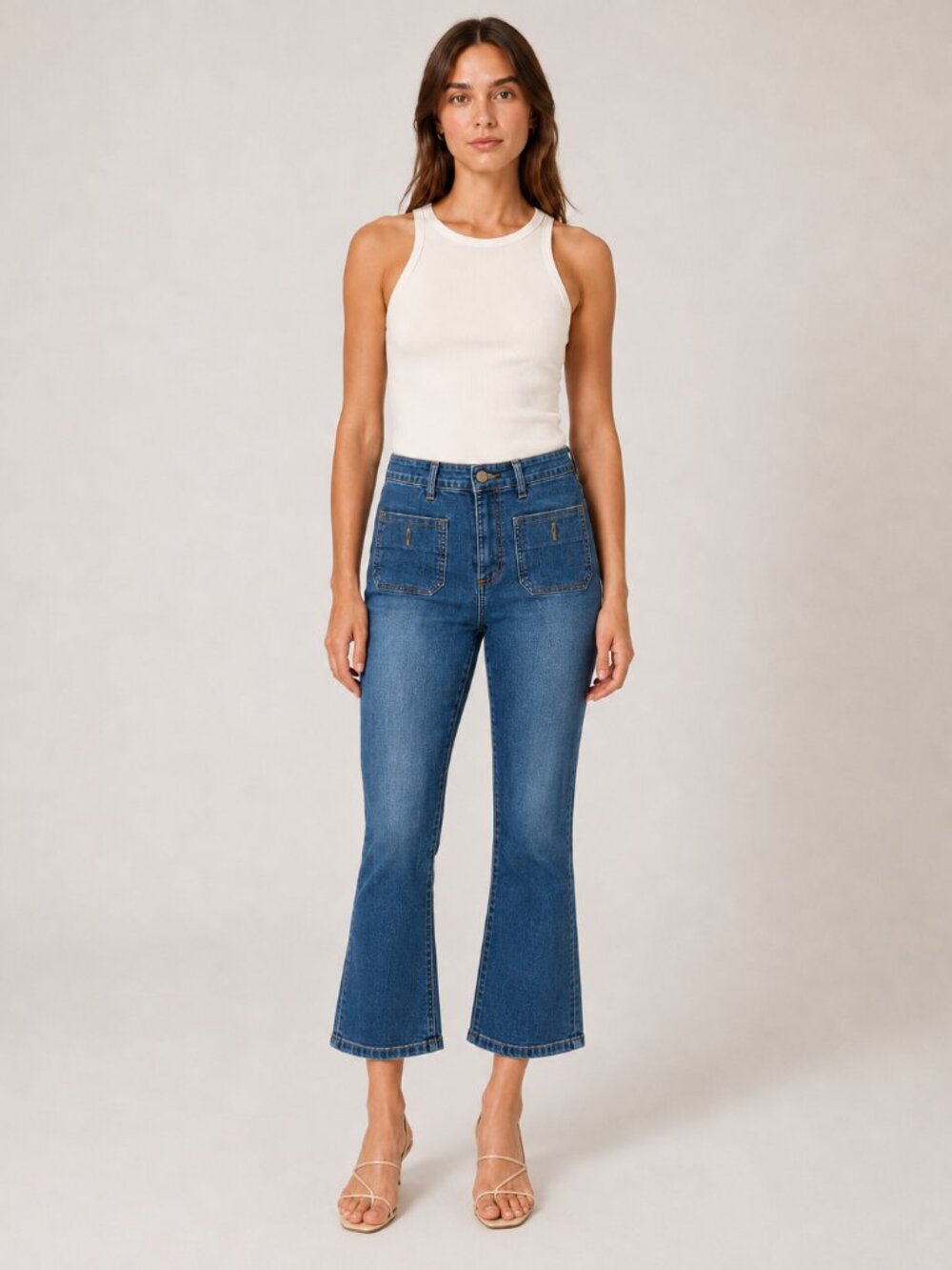 LOFT Denim Patch Pocket Cropped Flare Jeans Medium Blue Wash Women’s Size 26/2